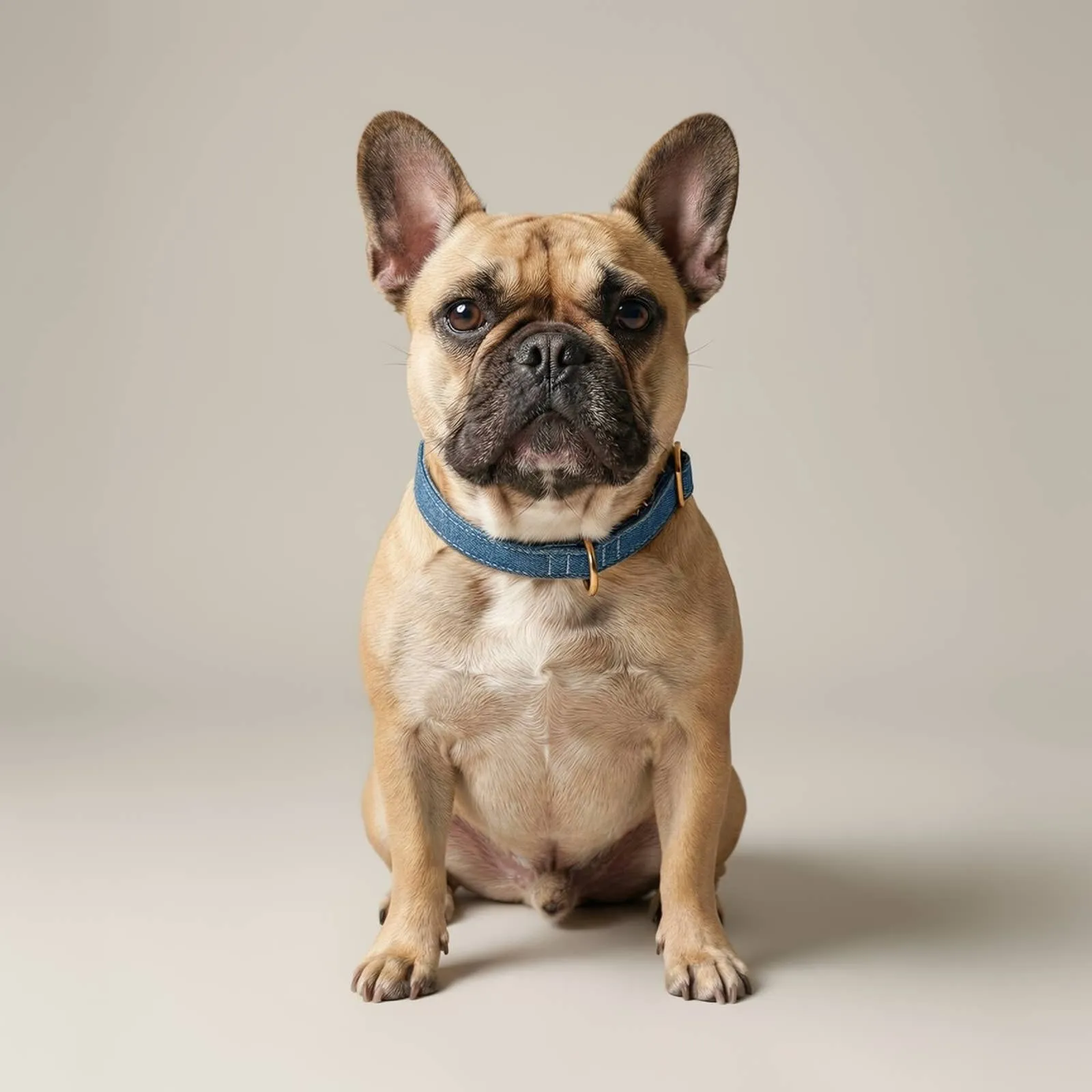A French bulldog wearing the denim collar