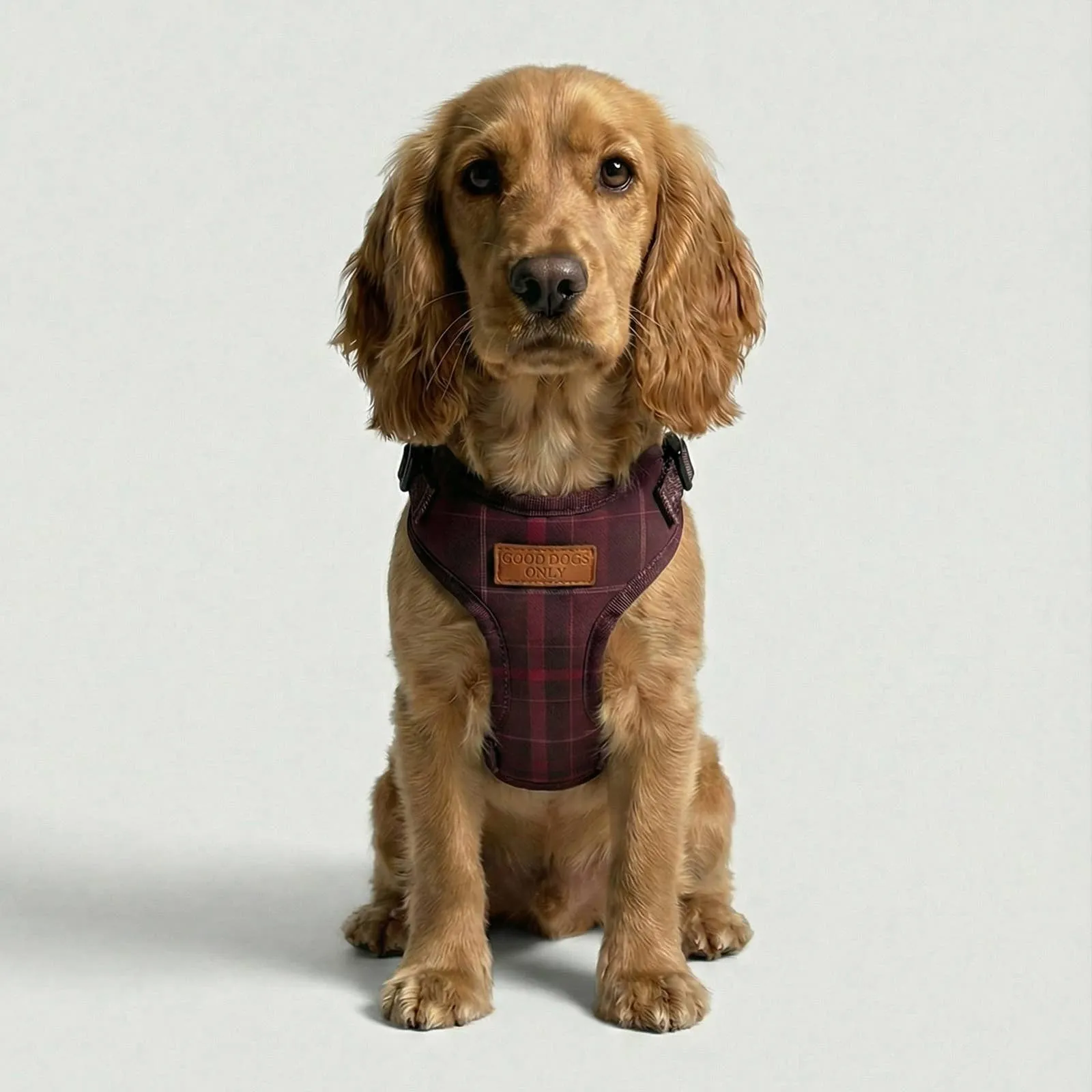 A spaniel wearing the plaid harness in Mulberry