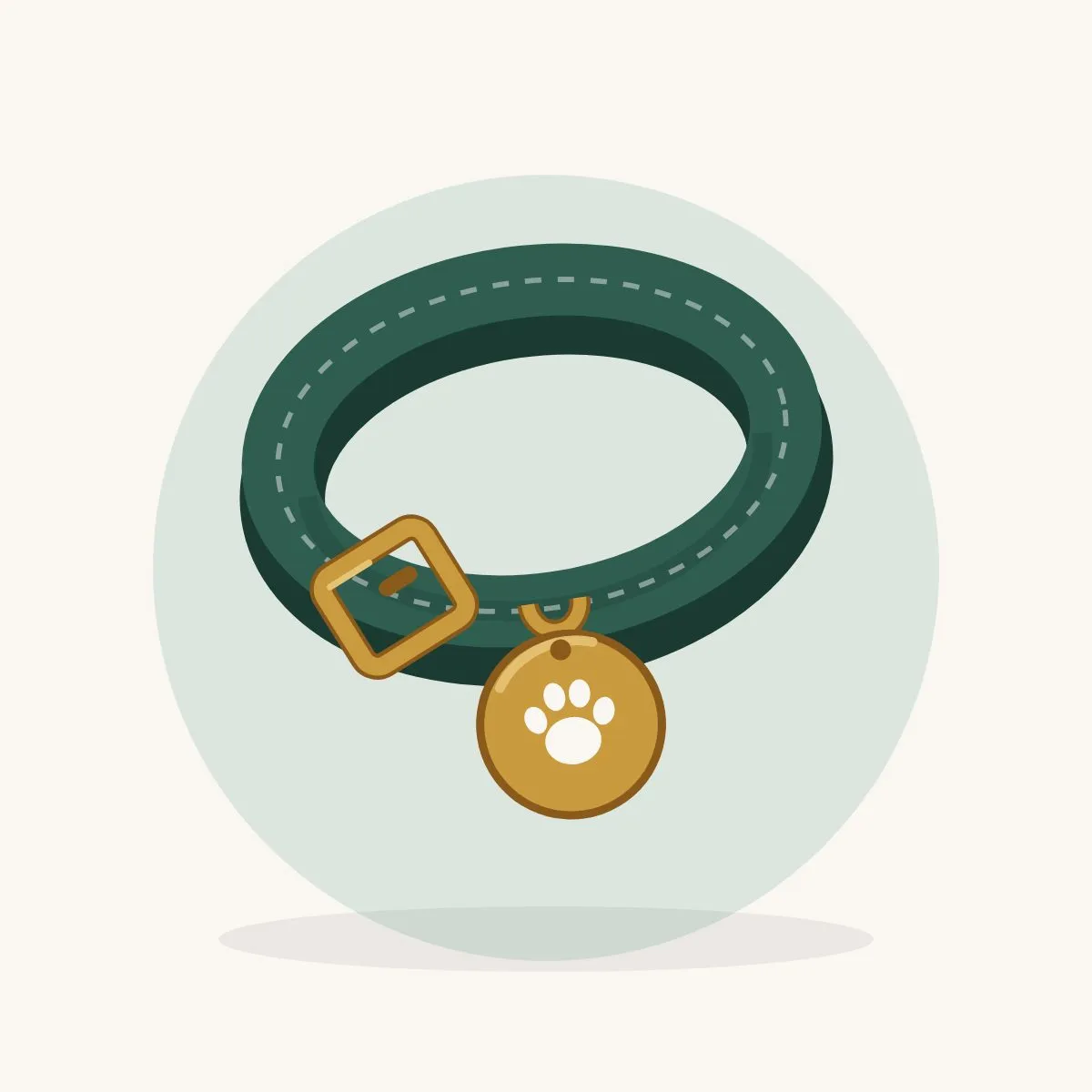 Illustration d’un collier vert avec boucle en laiton et médaille en forme de patte