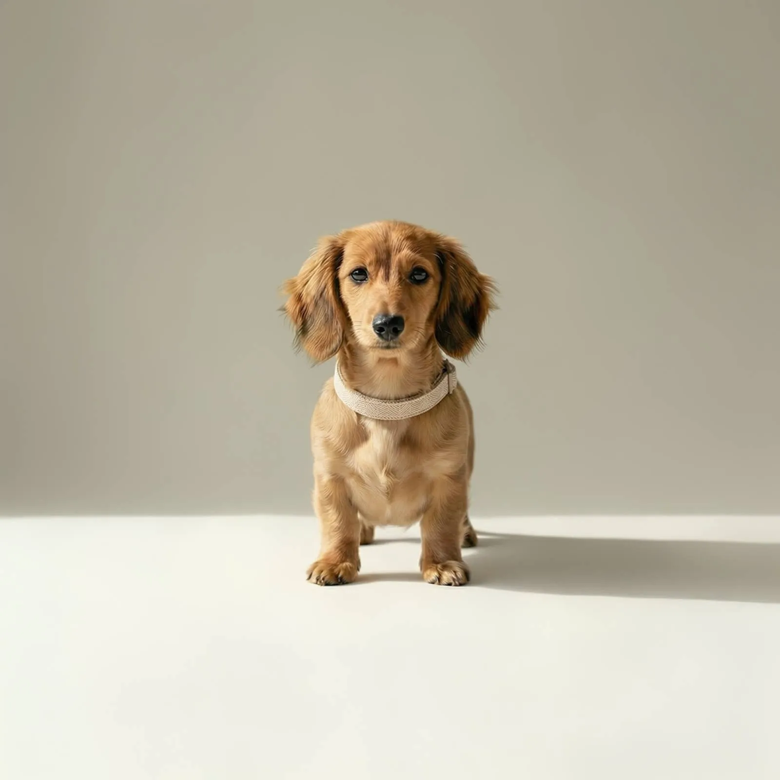 A dachshund wearing the tweed collar